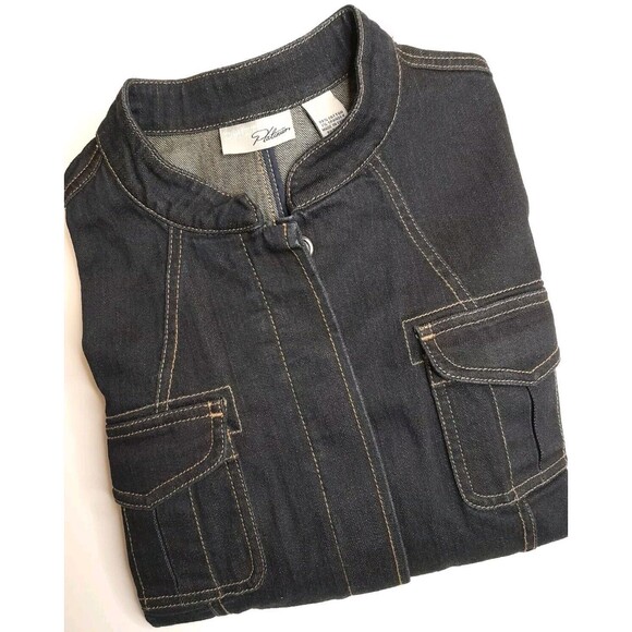 Chico’s Platinum Sz L Blue Dark Wash Denim Jacket - Pockets Covered Buttons NWOT - Picture 16 of 16